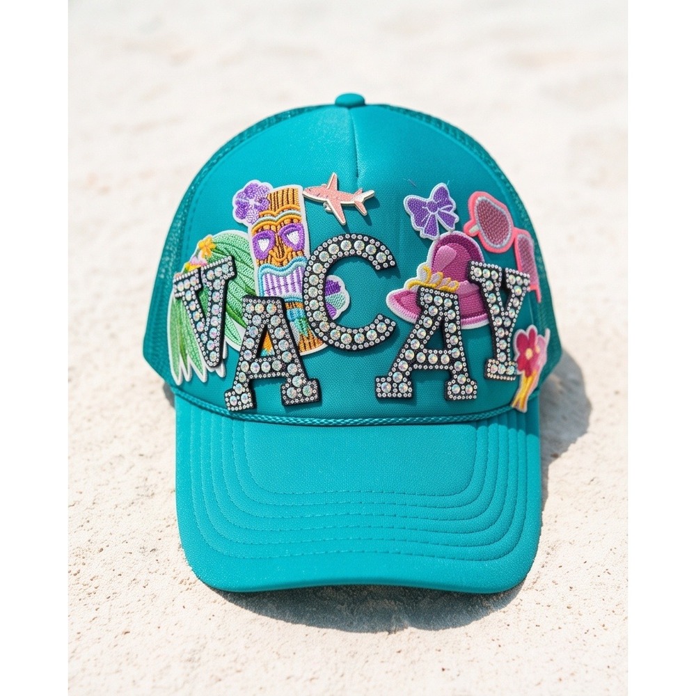 Otto Vacay Rhinestone Patch Trucker Hat Teal Blue Mesh Snapback Cap
